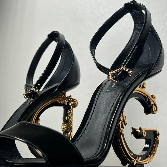 Dolce&Gabbana Black Gold Sculpted-Heel Baroque DG Patent Leather Sandals - Picture 1 of 14